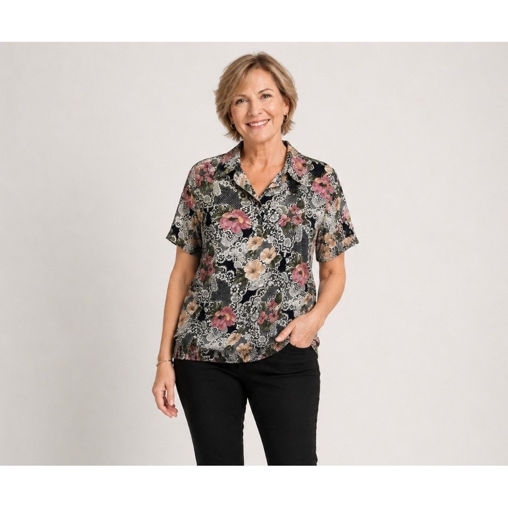 Vintage Ms. Caribou Granny Top Womens Plus 20W Black Lace Floral Polyester